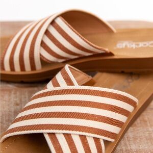 Corkys Tan and Cream Striped Slides